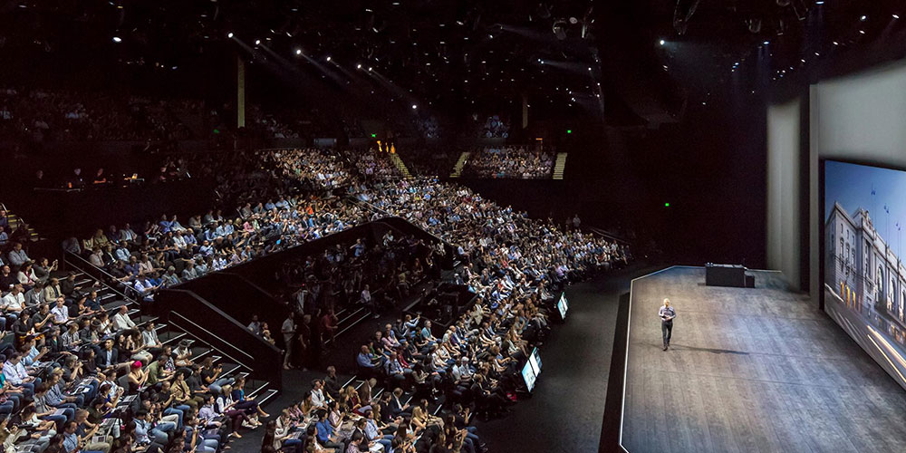 Tim Cook presenting at Apple event produced by A+A Productions